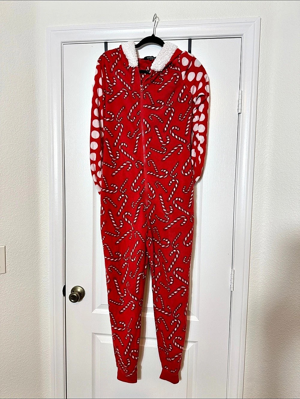 Santa Hat Hoodie Candy Cane Print Fleece One-Piece Onesie Pajamas